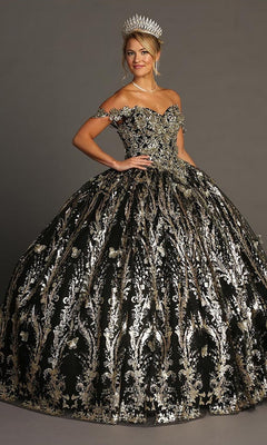 A woman wearing the Quinceanera Dress CHF3101 By Chicas in black and gold, featuring a voluminous tulle ballgown skirt and gold embellishments, with a tiara, poses against a plain gray background.
