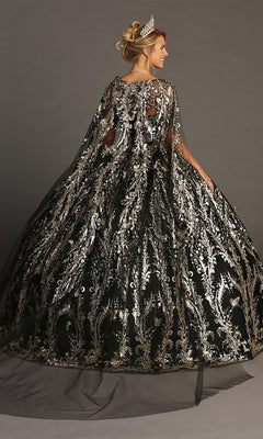 A person wearing the Quinceanera Dress CHF3101 by Chicas—featuring an off-the-shoulder neckline, a tulle ballgown skirt, metallic-silver floral embellishments, and a sheer cape—stands facing away and is adorned with a tiara.