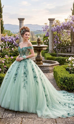A woman wearing the Sage Quinceanera Dress CHF3102 by Chicas, featuring off-the-shoulder styling and 3D floral appliques, stands in a garden with blooming flowers, stone columns, and a central fountain at sunset.