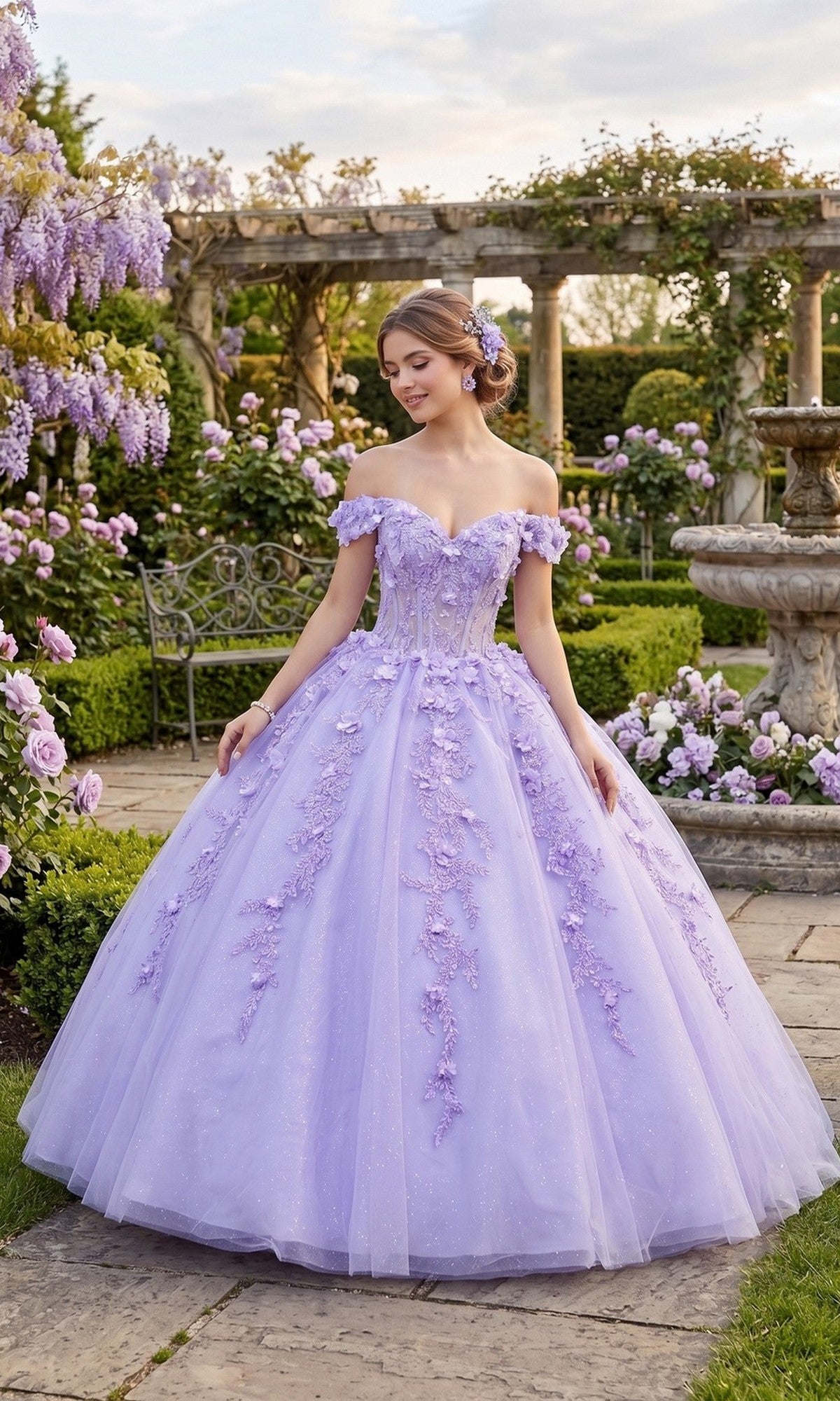 A young woman stands in a garden surrounded by blooming flowers and lush greenery, wearing the enchanting Lilac Quinceanera Dress CHF3102 By Chicas. The off-the-shoulder gown is adorned with delicate 3D floral appliqués, and its elegant tulle ballgown skirt adds a dreamy touch to the romantic scene.