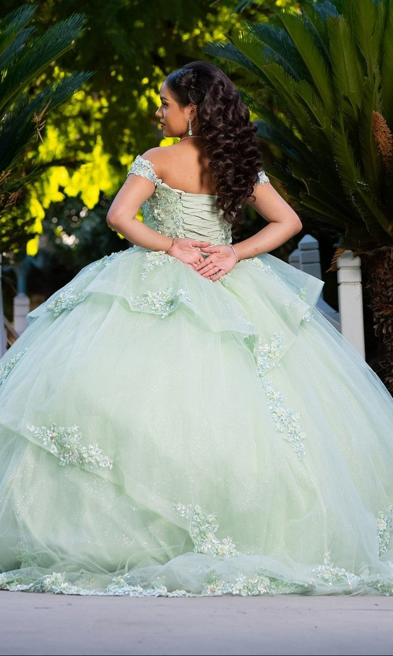 A person wearing the Quinceanera Dress CHF3104 By Chicas in sage green with floral details stands outdoors with hands clasped behind their back, surrounded by lush greenery.