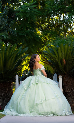 A young woman wears the Quinceanera Dress CHF3104 by Chicas in sage green as she stands outdoors between palm plants, looking over her shoulder toward the camera. The floral embroidered corset bodice and delicate off-the-shoulder sleeves add an elegant touch to her ensemble.