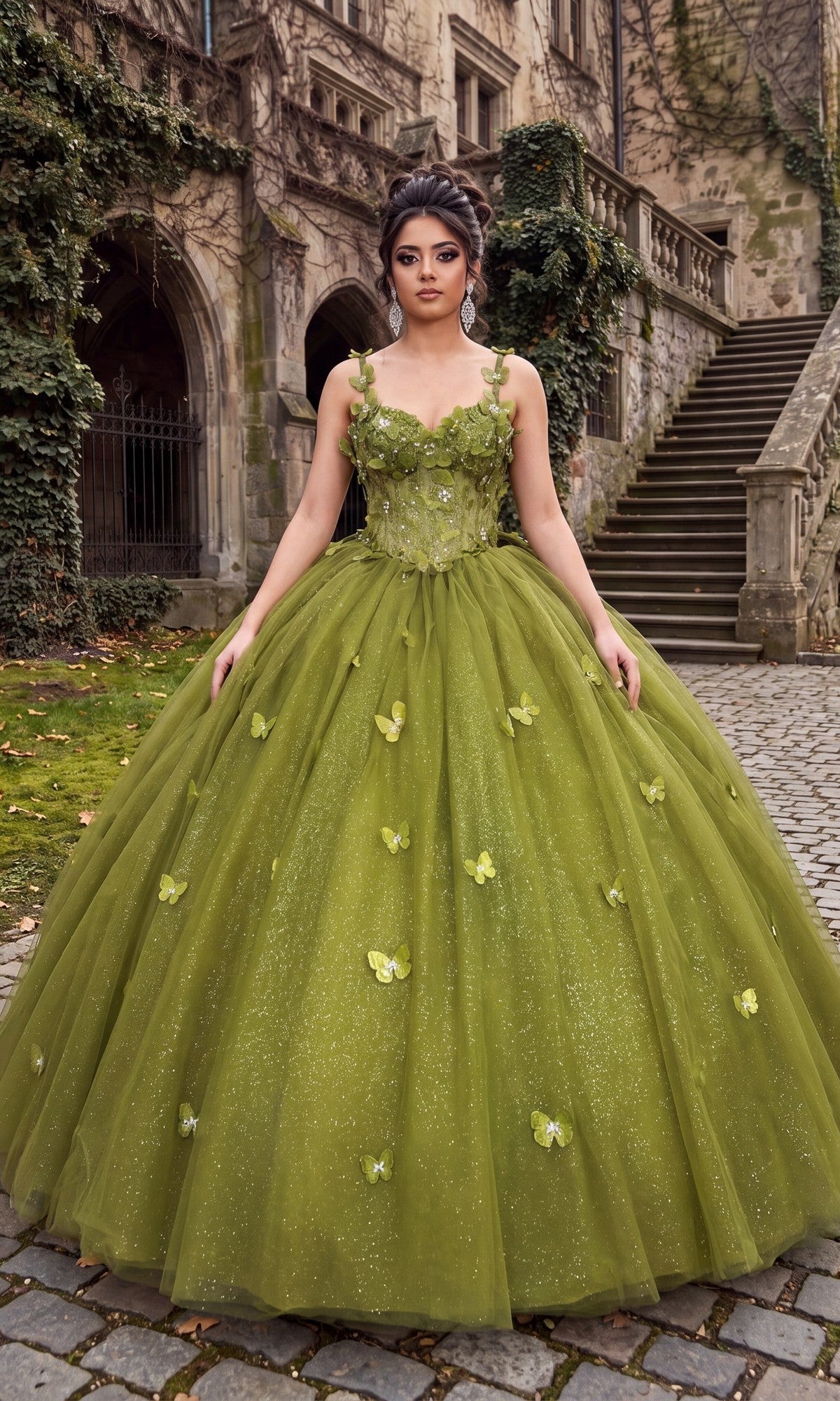 A person stands outdoors in front of an old stone building and stairs, wearing the Quinceanera Dress CHF3107 By Chicas in Eucalyptus, which is adorned with butterfly accents and 3D floral appliques.