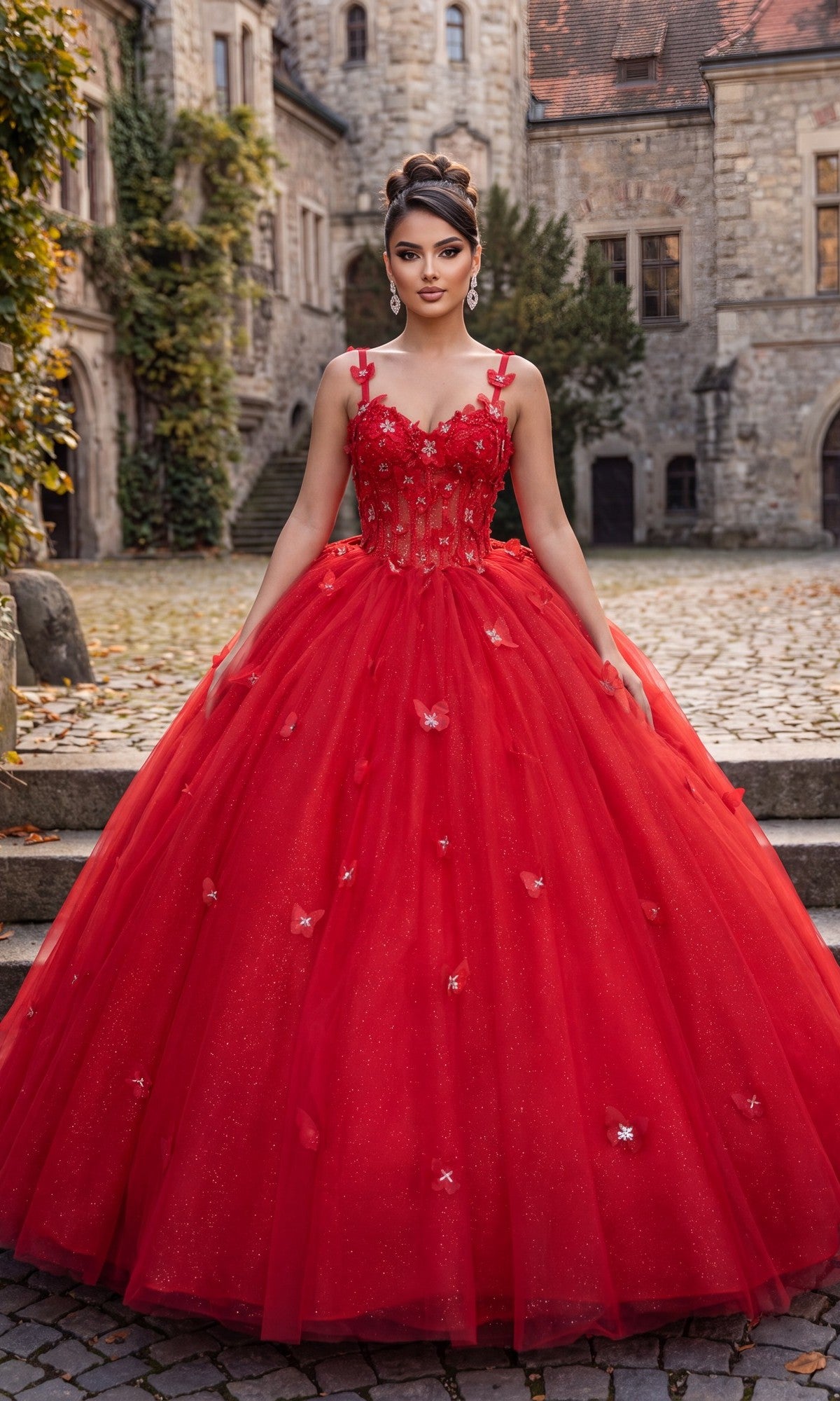 A woman wearing the Quinceanera Dress CHF3107 By Chicas in red, featuring 3D floral appliques and a corset bodice, stands on a stone courtyard before an old ivy-covered stone building.