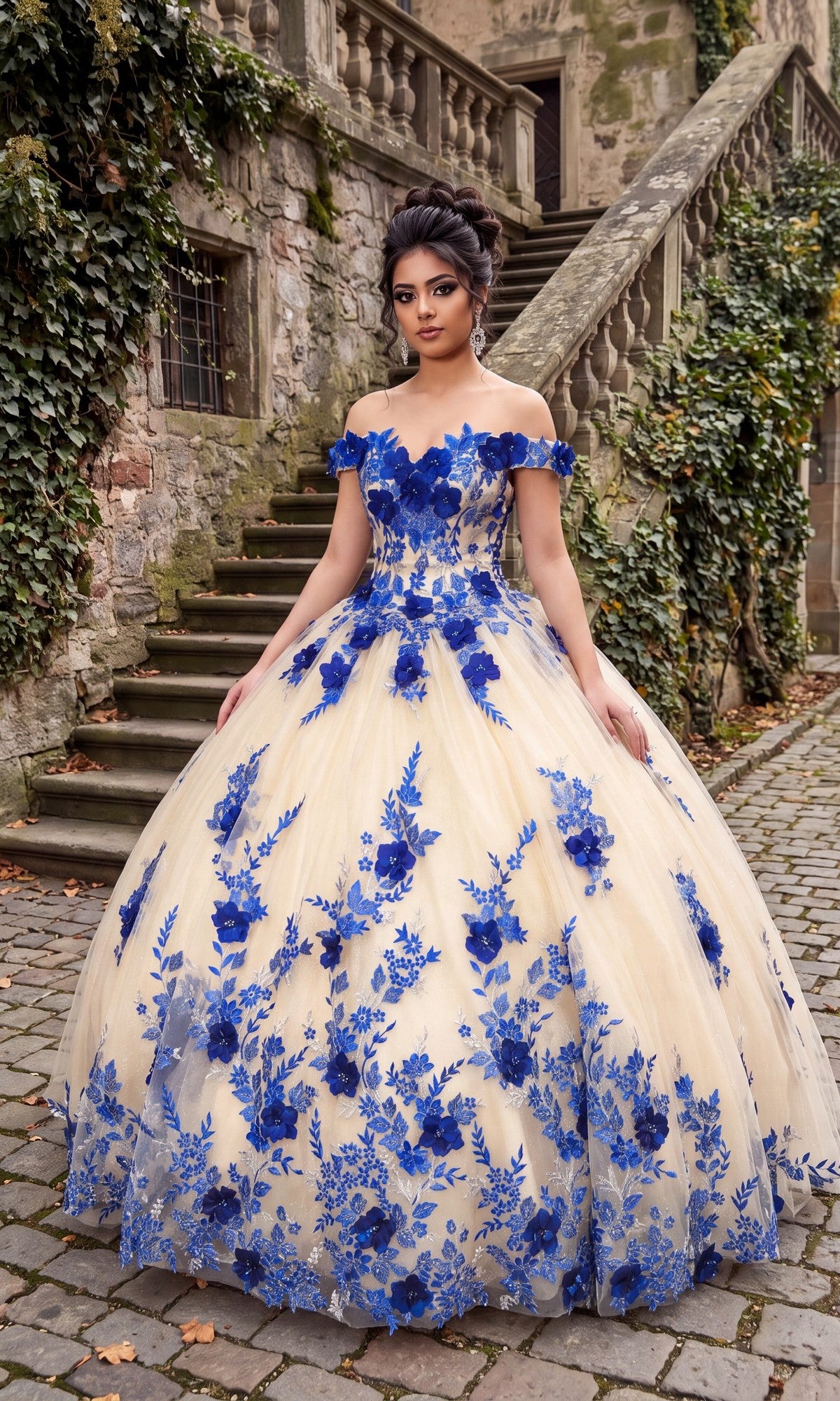 A woman stands on a cobblestone path in front of stone steps and ivy-clad walls, wearing the Quinceanera Dress CHF3111 By Chicas in Royal/Nude, an off-the-shoulder ballgown adorned with blue floral patterns and delicate 3D floral accents.
