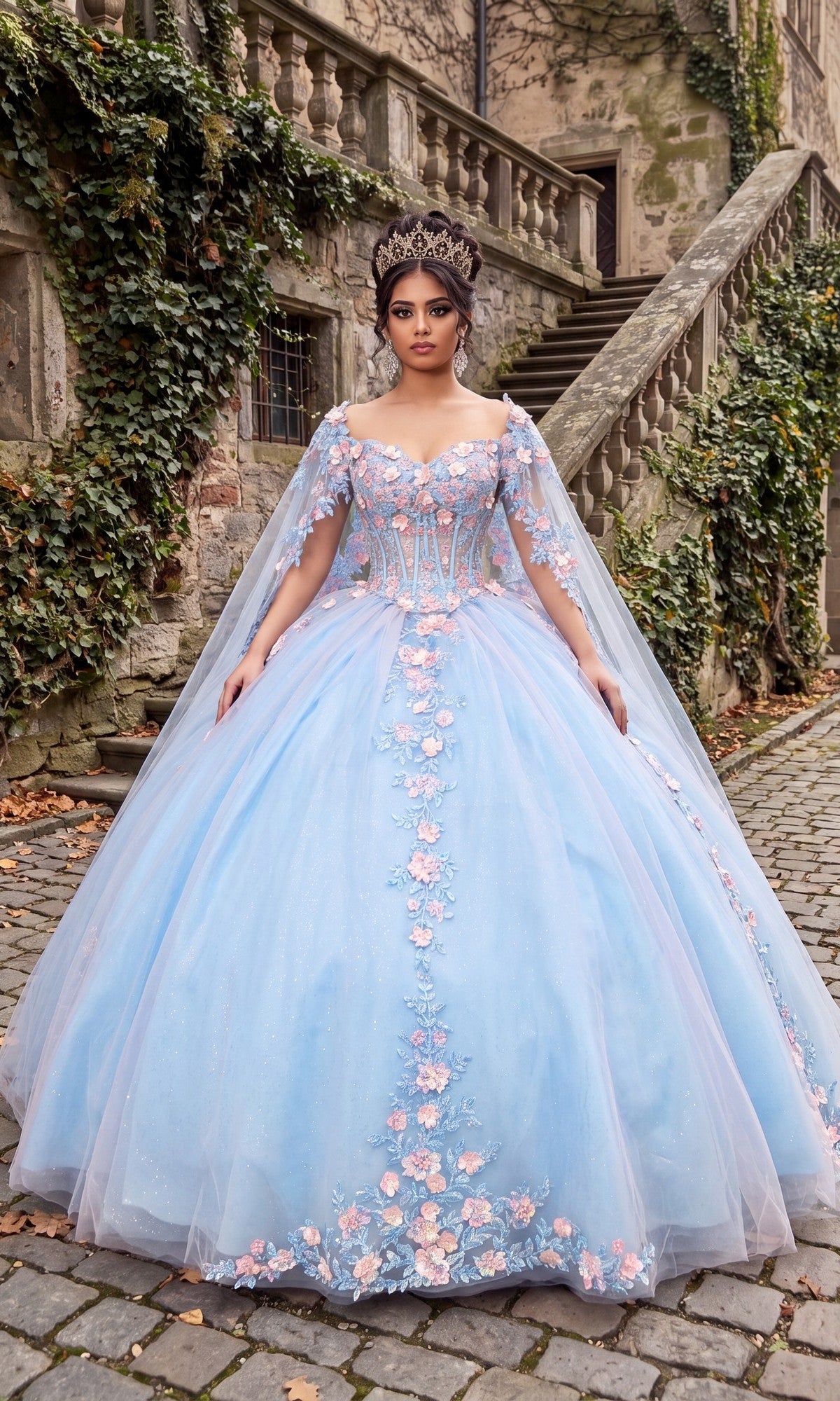 A woman stands on a cobblestone path in front of an ivy-covered stone building, wearing the Baby Blue Quinceanera Dress CHF3117 by Chicas, adorned with pink 3D floral appliques and topped with a crown.