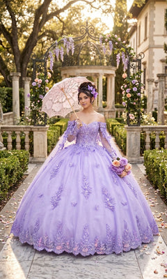 Wearing the Quinceanera Dress CHF3121 By Chicas, a woman stands in a flower-adorned garden with a stone arch and pavilion in the background, holding a parasol and bouquet.