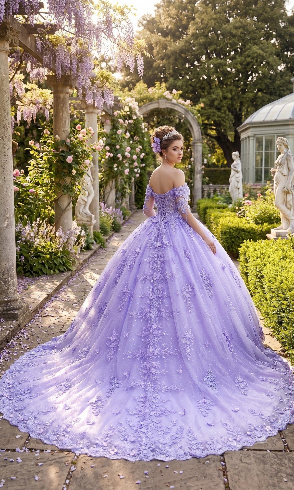 A woman stands on a garden path surrounded by blooming flowers, columns, and statues, bathed in sunlight filtering through the trees, wearing the Quinceanera Dress CHF3121 By Chicas—an elegant off-the-shoulder lavender gown.
