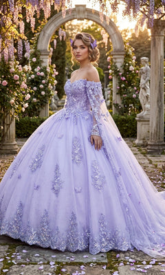 A woman stands in a garden, surrounded by flowers and stone arches, wearing the Quinceanera Dress CHF3121 By Chicas—an off-the-shoulder lavender tulle ballgown adorned with floral and butterfly details.