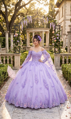 A woman wearing the Quinceanera Dress CHF3121 by Chicas in lilac stands in a garden, surrounded by flowers and columns, holding a lace parasol.