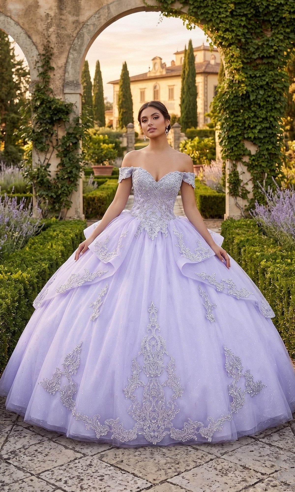 A woman wearing the Quinceanera Dress CHF3123 by Chicas in lilac and silver stands in a formal garden, surrounded by hedges, a stone arch, and a grand building in the background.