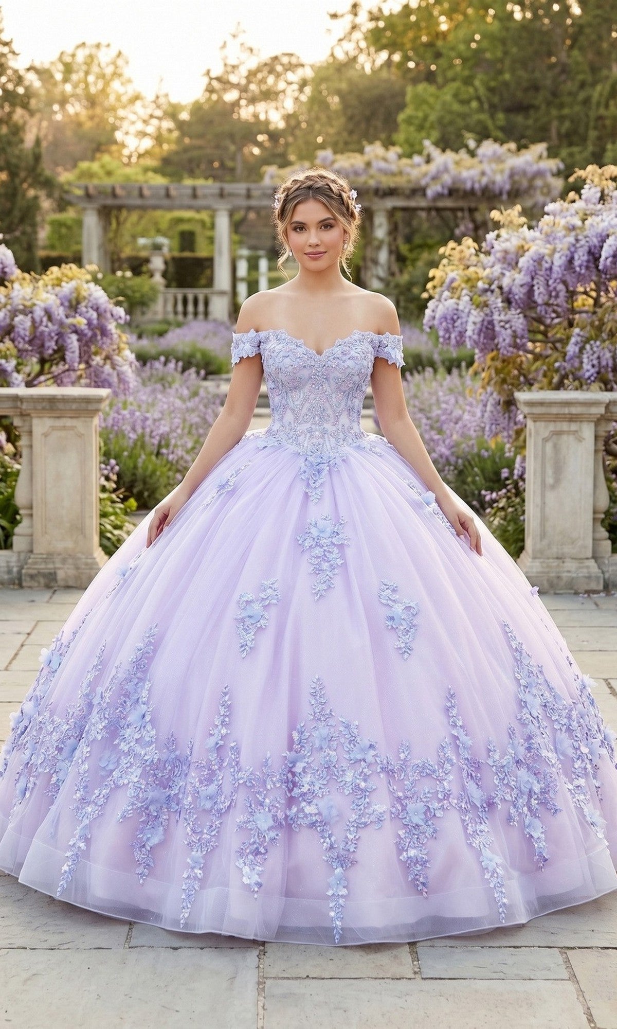 A woman stands outdoors in a garden wearing the Quinceanera Dress CHF3124 by Chicas, an off-the-shoulder gown in a soft lilac hue adorned with delicate 3D floral accents and lace appliques.