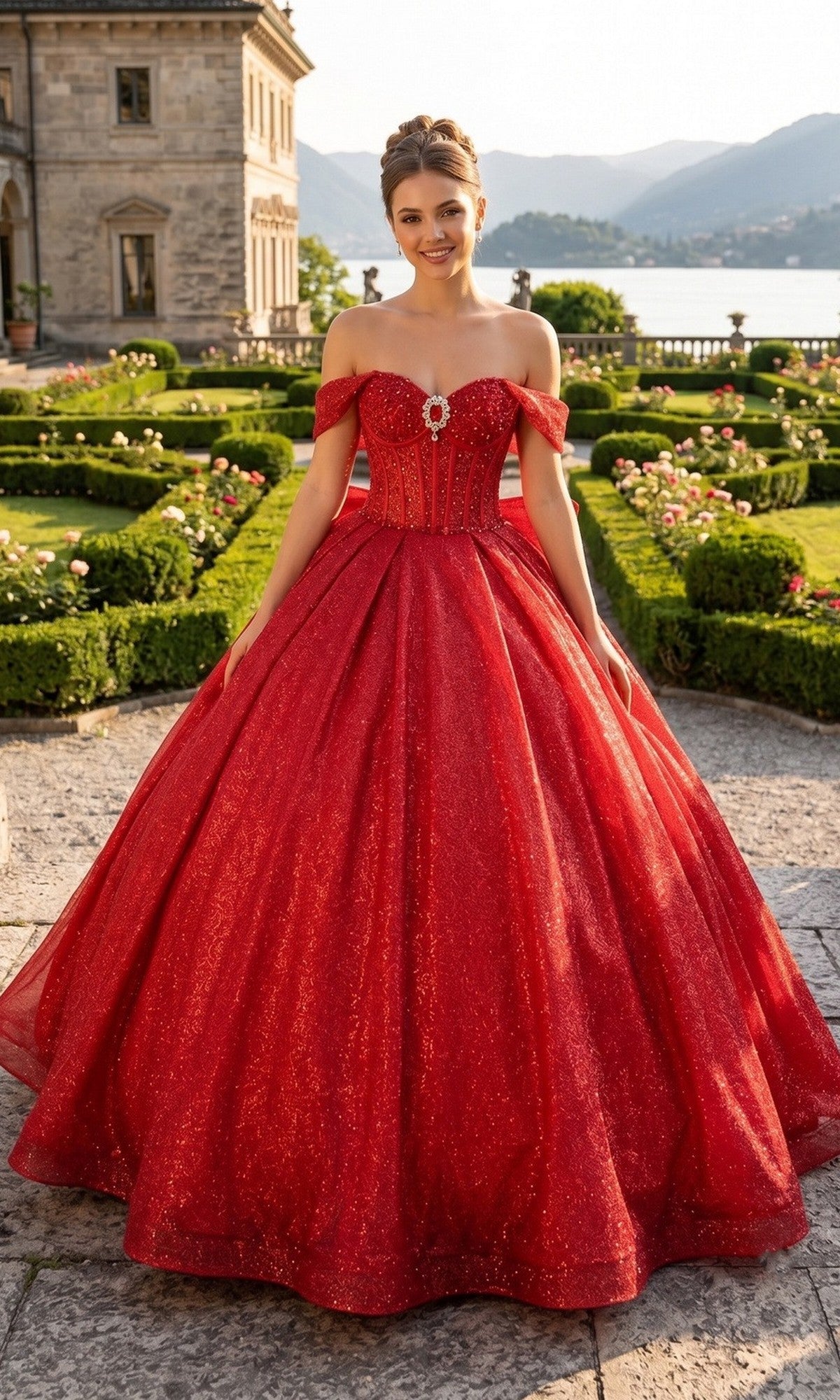 A woman wearing the Quinceanera Dress CHF3125 By Chicas in red stands outdoors in a formal garden, with mountains, a lake, and a historic building in the background.