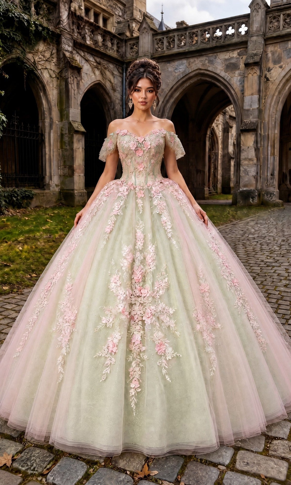 A woman stands on a cobblestone path in front of a stone building with arches, wearing the Quinceanera Dress CHF3126 by Chicas in Champagne/Sage, featuring elaborate floral embroidery.