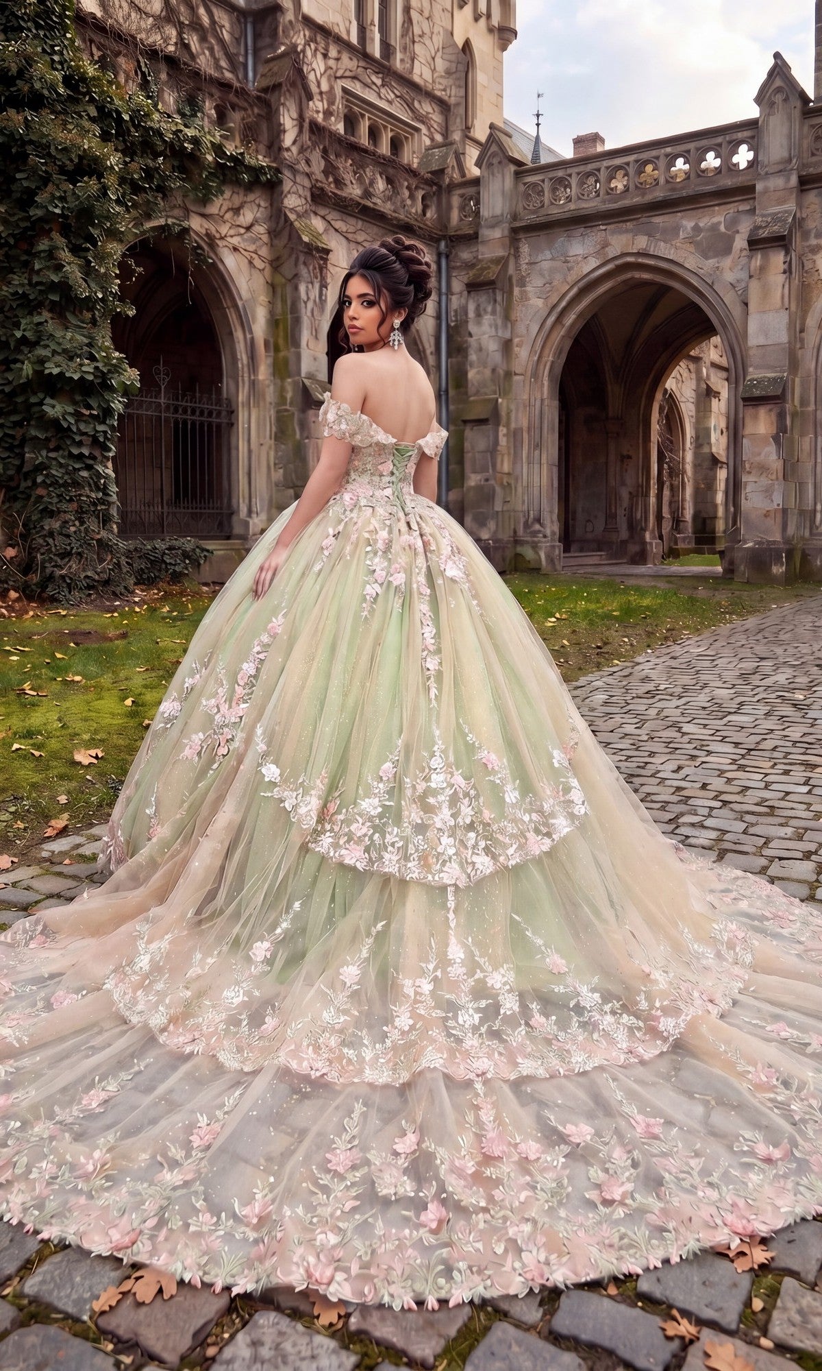 Wearing the Quinceanera Dress CHF3126 by Chicas, a woman stands on a cobblestone path outside a gothic-style stone building, looking over her shoulder. The off-the-shoulder ballgown features delicate floral embroidery that adds to its enchanting allure.