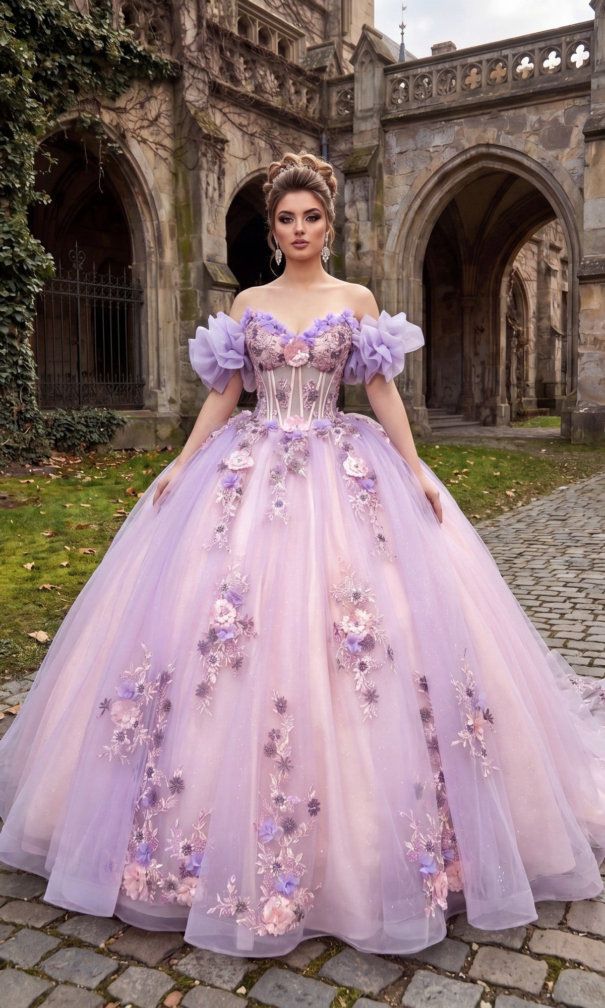 A woman in the Quinceanera Dress CHF3127 by Chicas, featuring lilac and multi-colored floral details and an off-the-shoulder design, stands on a cobblestone path in front of an old stone building with arches.