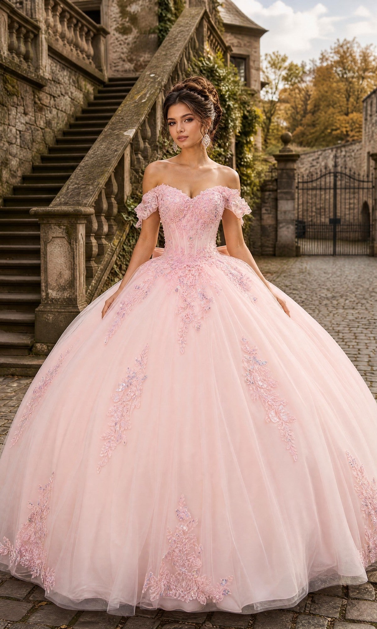 A woman stands outdoors in front of stone stairs, wearing the Quinceanera Dress CHF3130 By Chicas in blush, which features an off-the-shoulder corset-style bodice adorned with floral lace accents and a full tulle ballgown skirt.