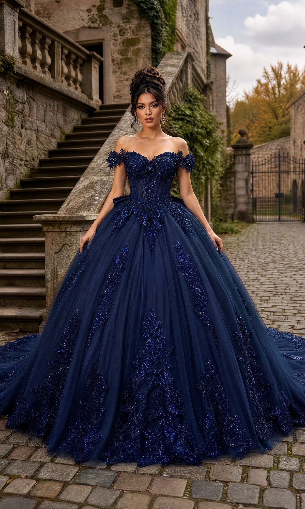 A woman stands outdoors in front of stone steps, wearing the Quinceanera Dress CHF3130 By Chicas in navy, featuring an elaborate off-the-shoulder design with a corset-style bodice, lace details, and a full tulle ballgown skirt.