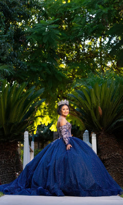 A young woman stands on a path between green bushes, looking back over her shoulder while wearing the sparkling blue Quinceanera Dress CHF3131 by Chicas and a crown.