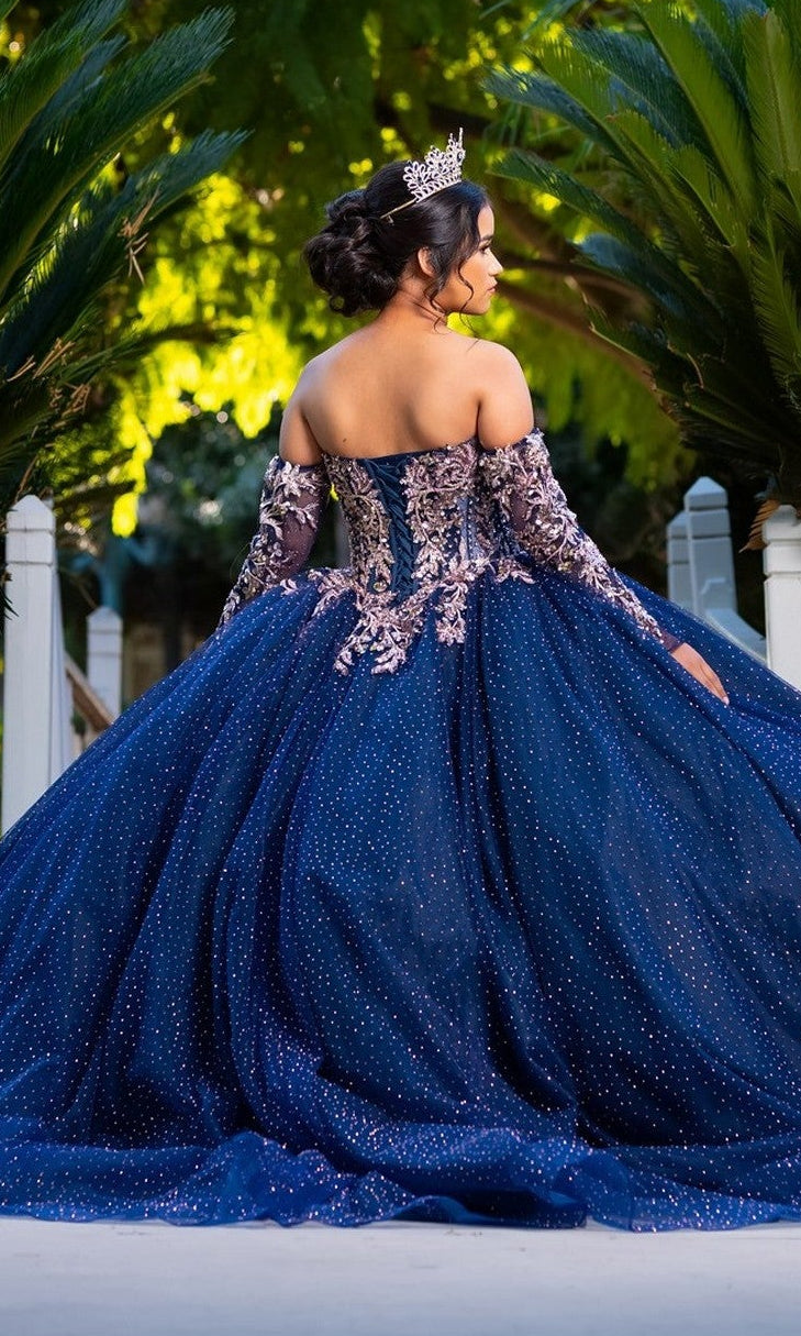 A woman in the Quinceanera Dress CHF3131 by Chicas, a navy blue tulle ballgown, and a tiara stands on a walkway surrounded by greenery, facing away.