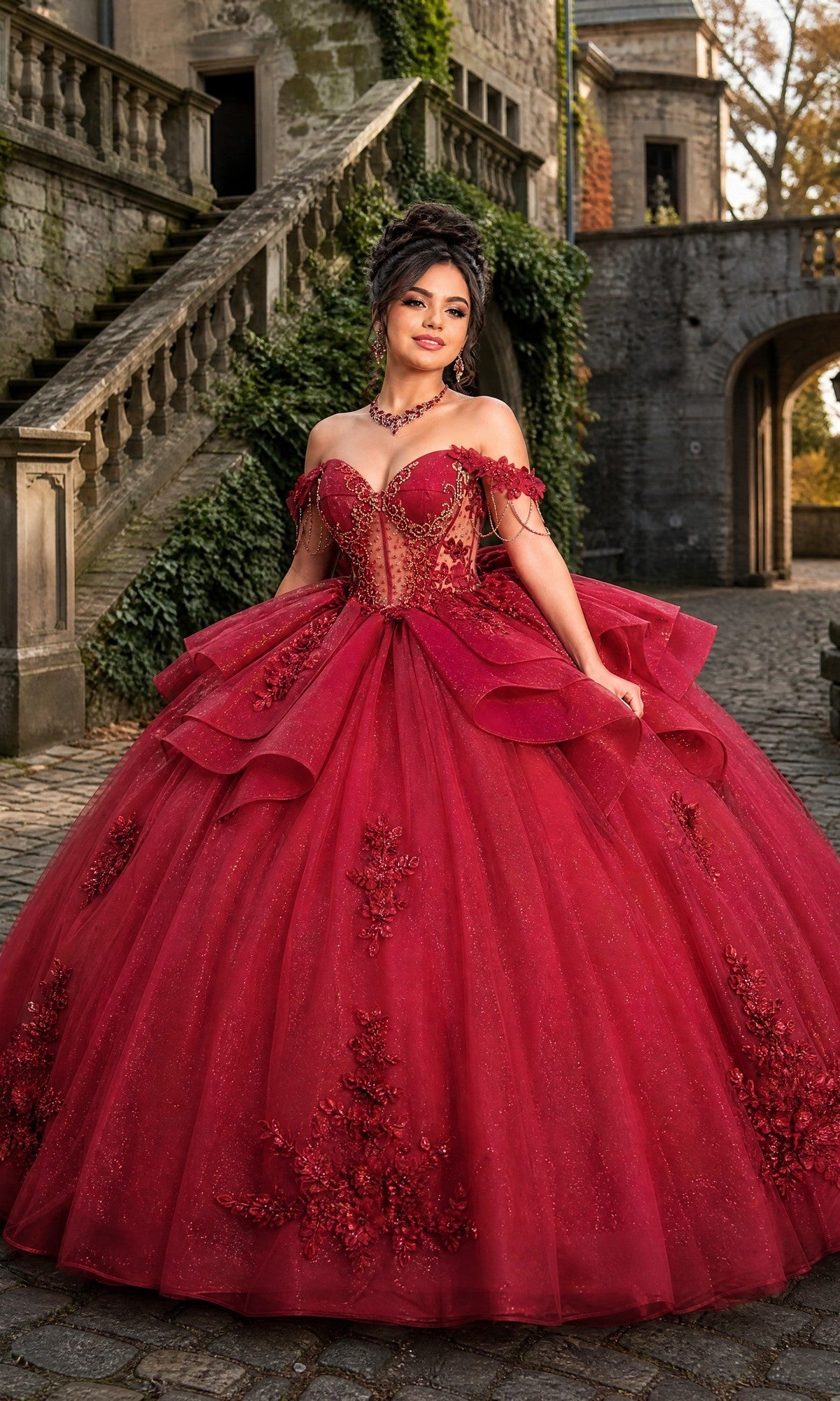 A woman in the Quinceanera Dress CHF3132 By Chicas, a stunning burgundy ballgown, stands on a cobblestone path near a stone staircase and an ivy-covered building. Her dress, adorned with delicate floral lace appliques, adds elegance and enchantment to the romantic setting.