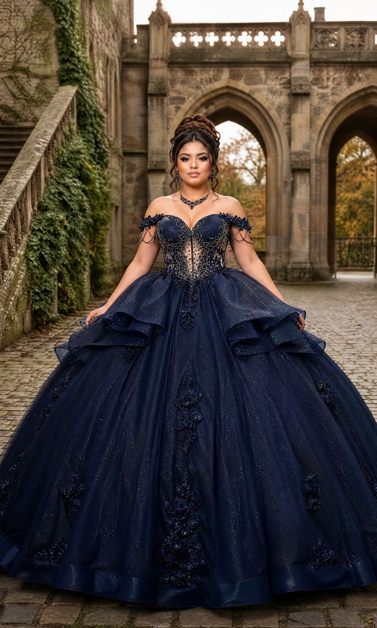 A woman in a navy Quinceanera Dress CHF3132 by Chicas, featuring glitter tulle and floral lace appliques, stands on a cobblestone path in front of a stone building adorned with arches and greenery.