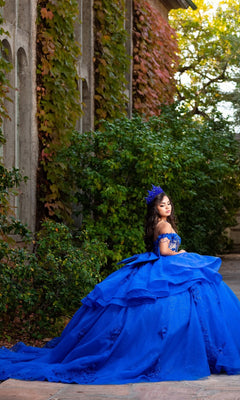 A young woman wearing the Quinceanera Dress CHF3132 By Chicas—a vibrant blue glitter-tulle ballgown adorned with floral lace appliques and a crown—stands outdoors beside a stone wall draped in lush green and autumn-hued ivy.