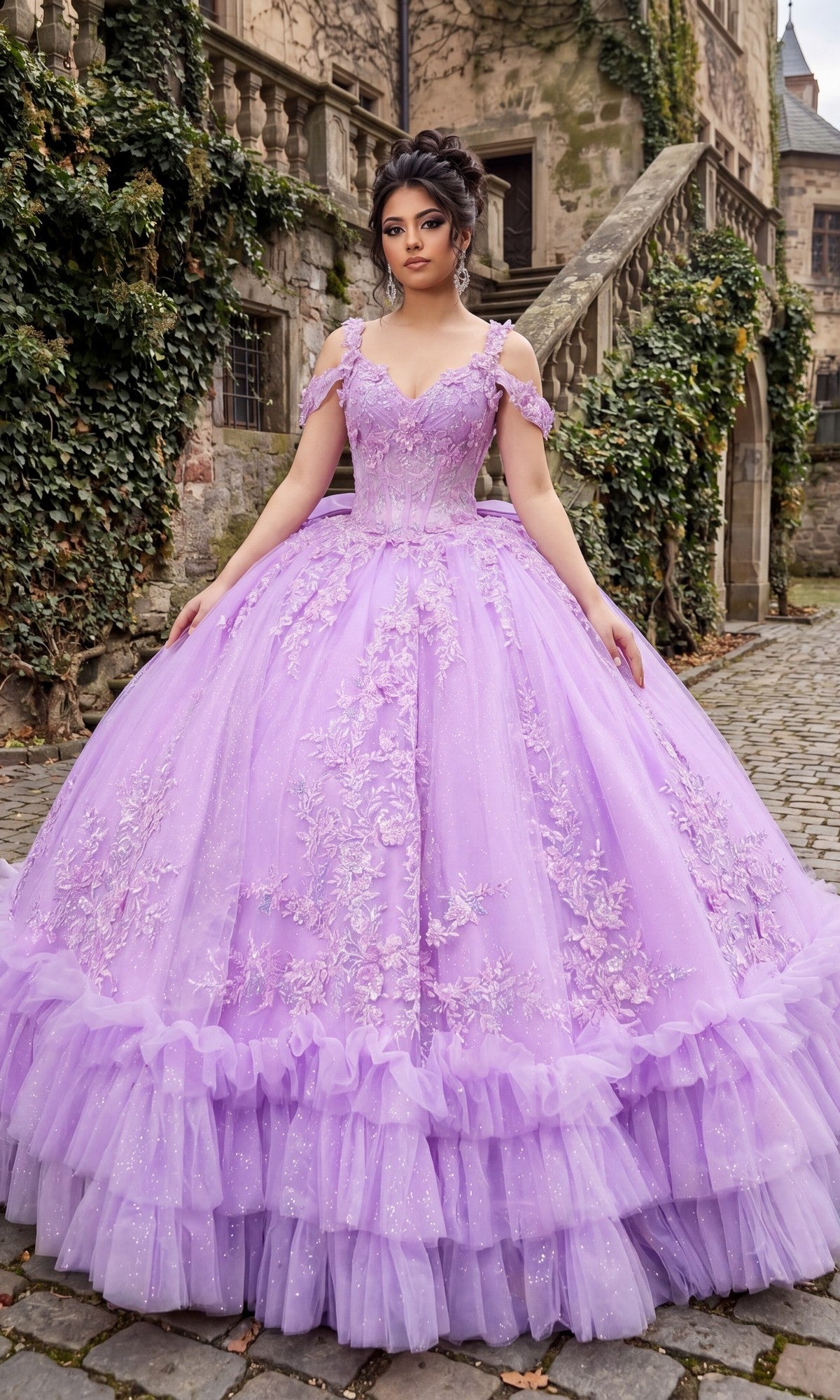 A woman wearing the Quinceanera Dress CHF3136 By Chicas in lavender, featuring intricate 3D floral appliques, stands on a cobblestone path beside ivy-covered stone stairs and historic buildings.