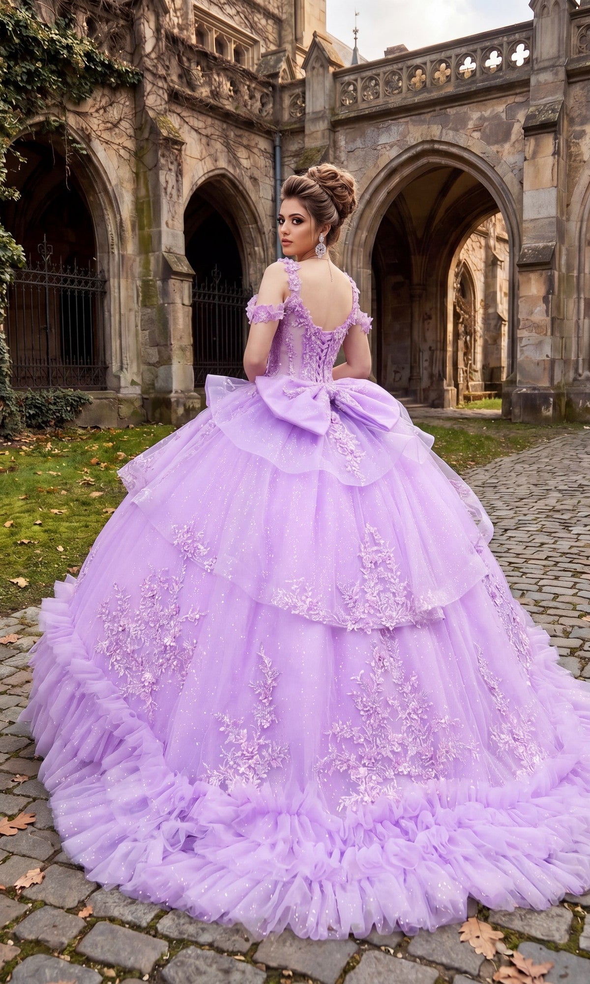 A woman wearing the Quinceanera Dress CHF3136 By Chicas, a voluminous lavender gown adorned with 3D floral appliques, stands on a cobblestone path in front of a historic stone building.