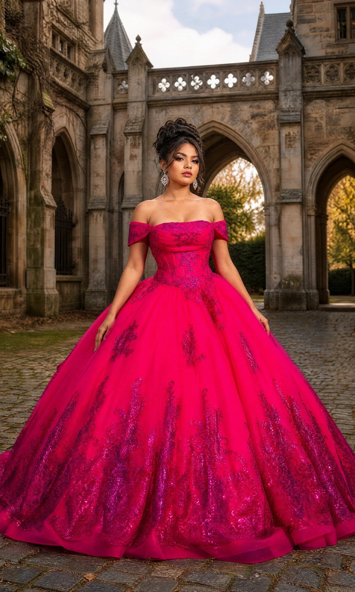 A woman stands outdoors in front of a stone building, wearing the Quinceanera Dress CHF3142 by Chicas in fuchsia, featuring an off-the-shoulder neckline, sparkling details, and a dramatic ballgown skirt.