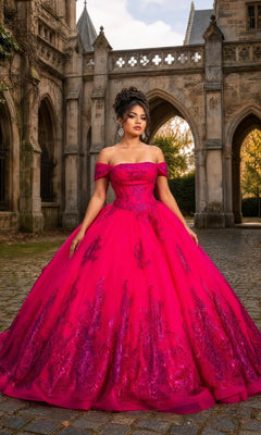 A woman stands outdoors in front of a stone building, wearing the Quinceanera Dress CHF3142 by Chicas in fuchsia, featuring an off-the-shoulder neckline, sparkling details, and a dramatic ballgown skirt.