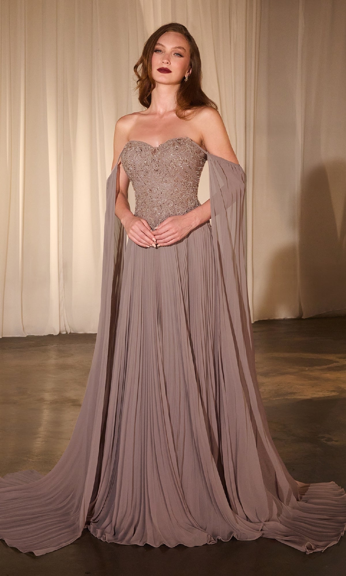 Long Pleated Prom Dress with Shoulder Capes PromGirl Long Pleated Prom Dress with Shoulder Capes PromGirl