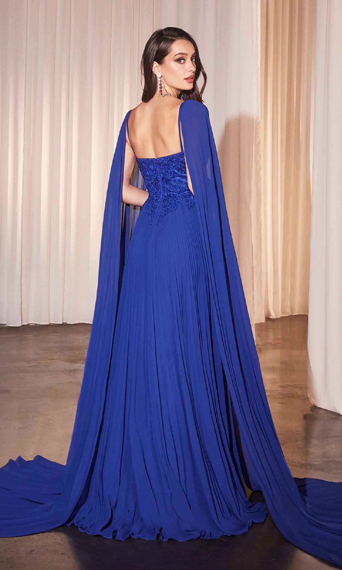 Long Pleated Prom Dress with Shoulder Capes Mocha / 8 Long Pleated Prom Dress with Shoulder Capes Mocha / 8