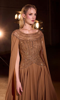 A woman in the Cape-Sleeve Long Bronze Formal Dress: Ladivine CL08 stands before studio lights, gazing to the side.
