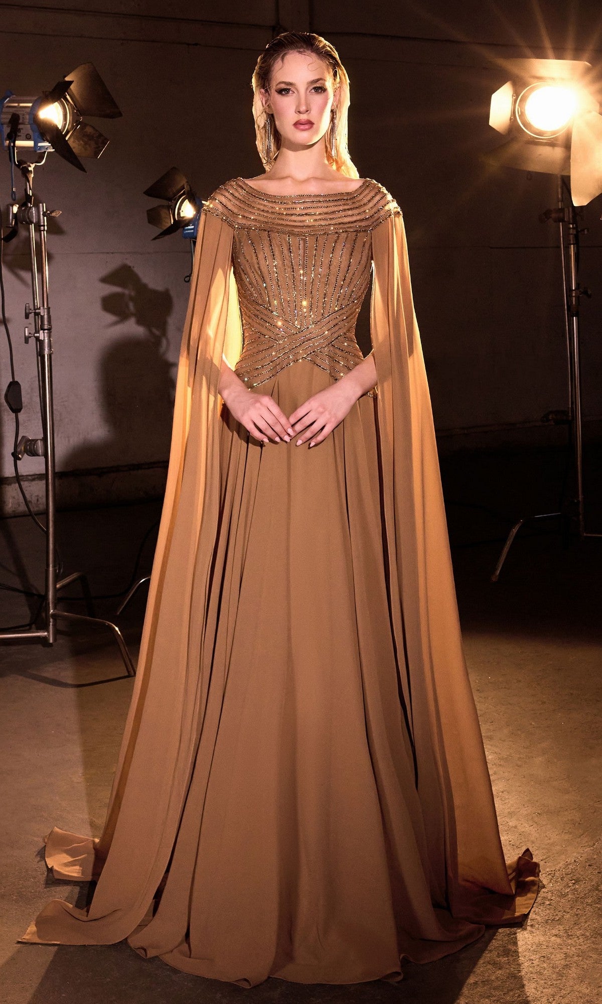 Beaded Bronze Formal Dress with Long Cape Sleeves – PromGirl