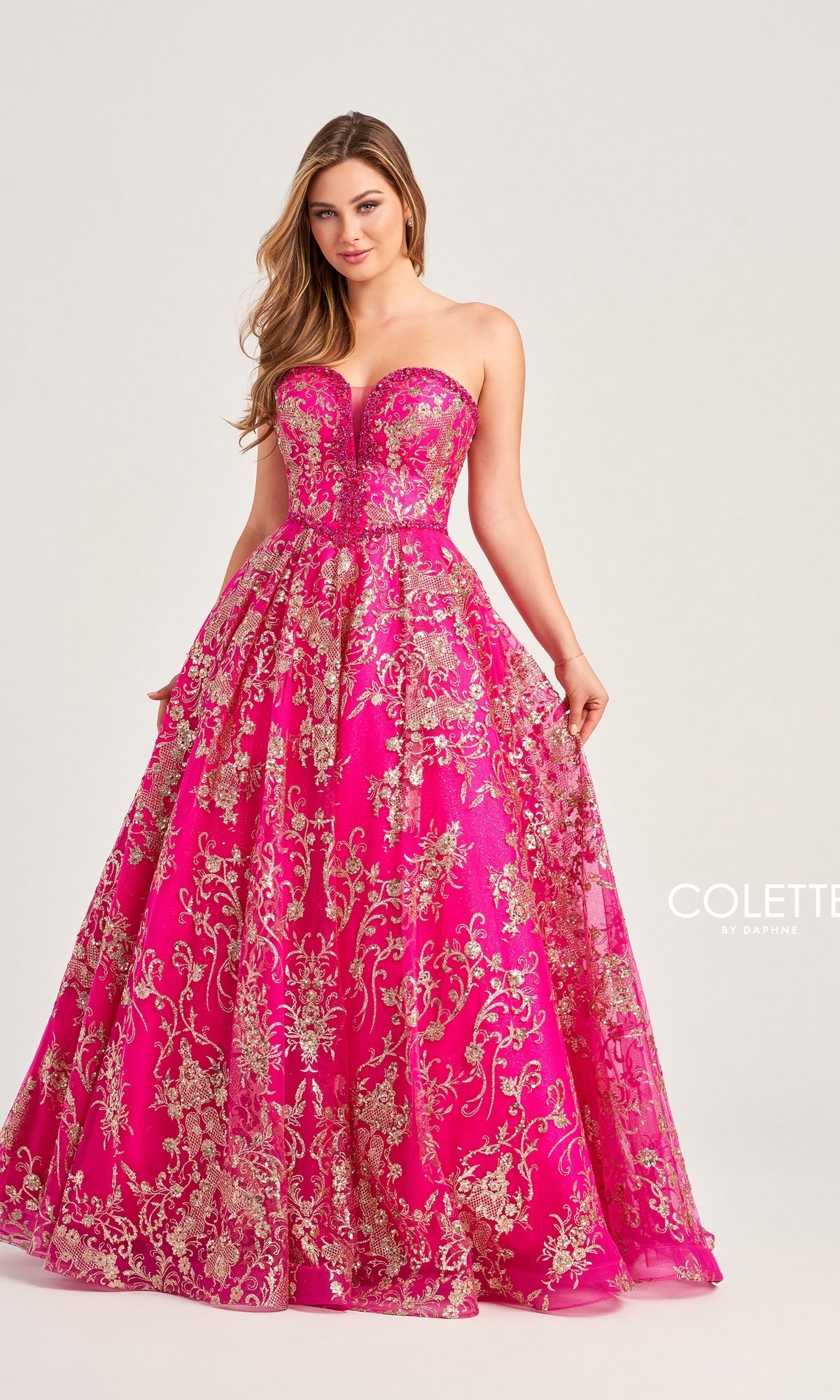 Gold-Glitter Long Strapless Prom Ball Gown