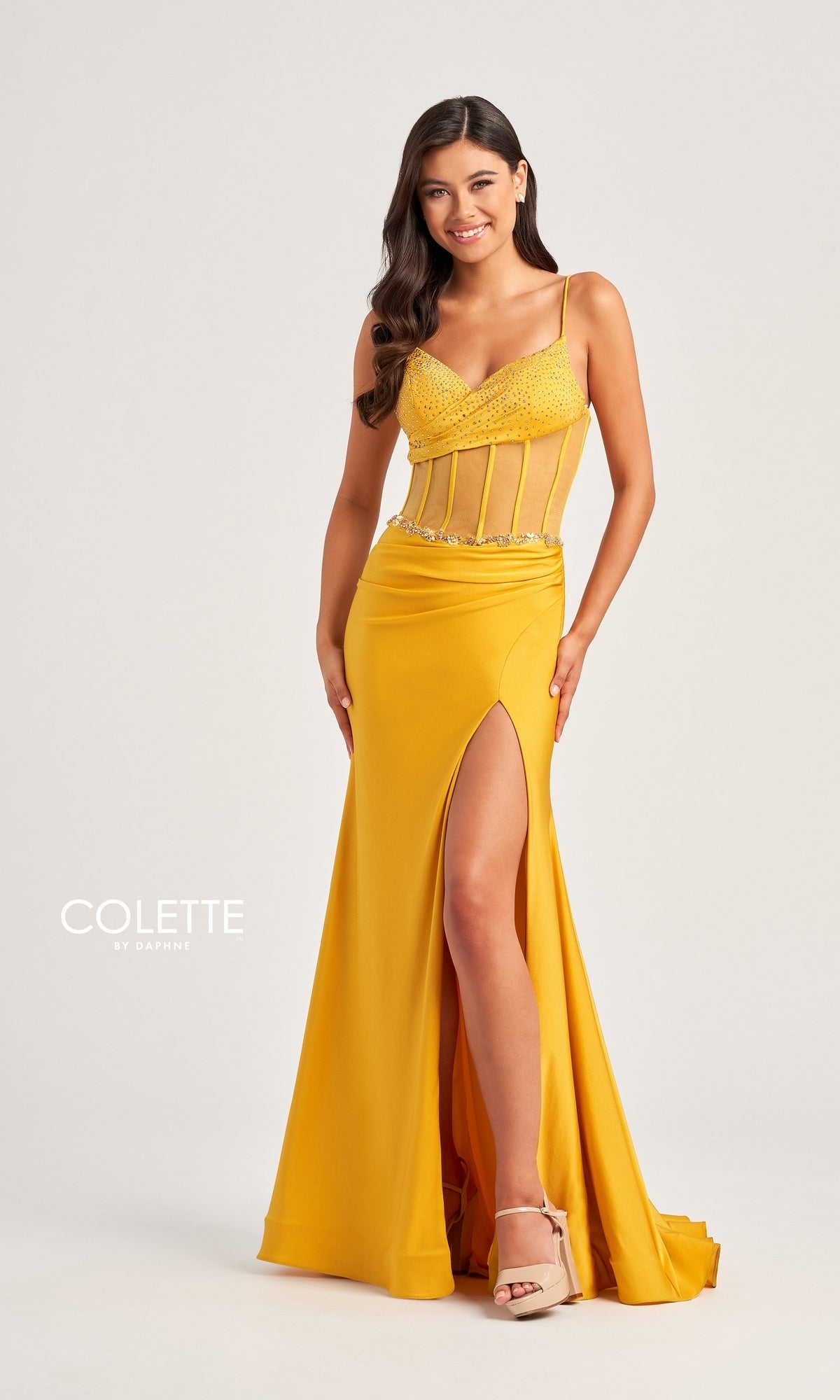 Sheer-Bodice Long Collette Prom Dress CL5104