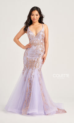 A woman poses with one hand on her hip against a light background, wearing the Colette Long Glitter Mermaid Prom Dress CL5109 in lavender with gold sequin detailing. The text "COLETTE by Daphne" appears.