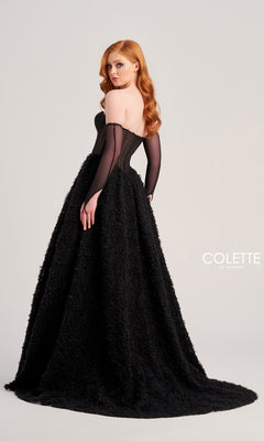 A woman with long red hair models the Bustier Colette Long A-Line Prom Ball Gown CL5114, which has an off-shoulder black top and a textured, floor-length skirt, against a plain light background. "Colette by Daphne" appears in the corner.