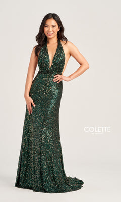 A woman smiles against a plain light background, wearing the Colette Long Sequin Halter Prom Dress CL5115—a sleeveless, deep V-neck, floor-length dark green sequin gown. The "Colette by Daphne" logo appears on the right.