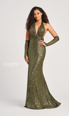 A woman poses against a white background wearing the Colette Long Sequin Halter Prom Dress CL5115—a sparkly, green, floor-length gown with dazzling sequins and matching gloves.