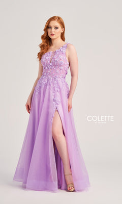 A woman wears the Colette One-Shoulder Designer Prom Dress CL5124 with floral embroidery and a thigh-high slit, standing against a neutral background. "COLETTE" is displayed beside her.