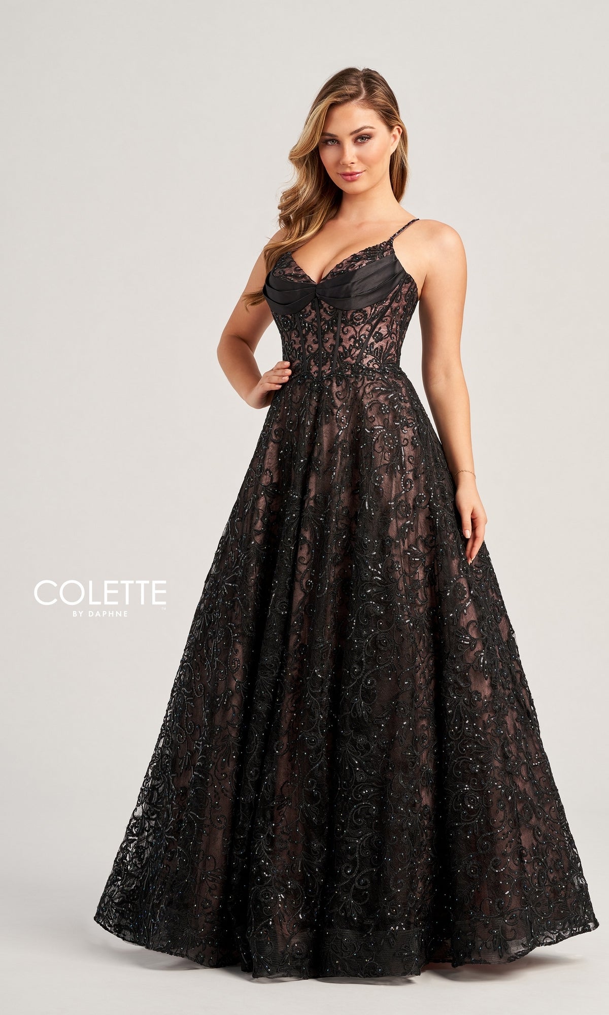 Colette Beaded-Lace Long Black Ball Gown CL5131