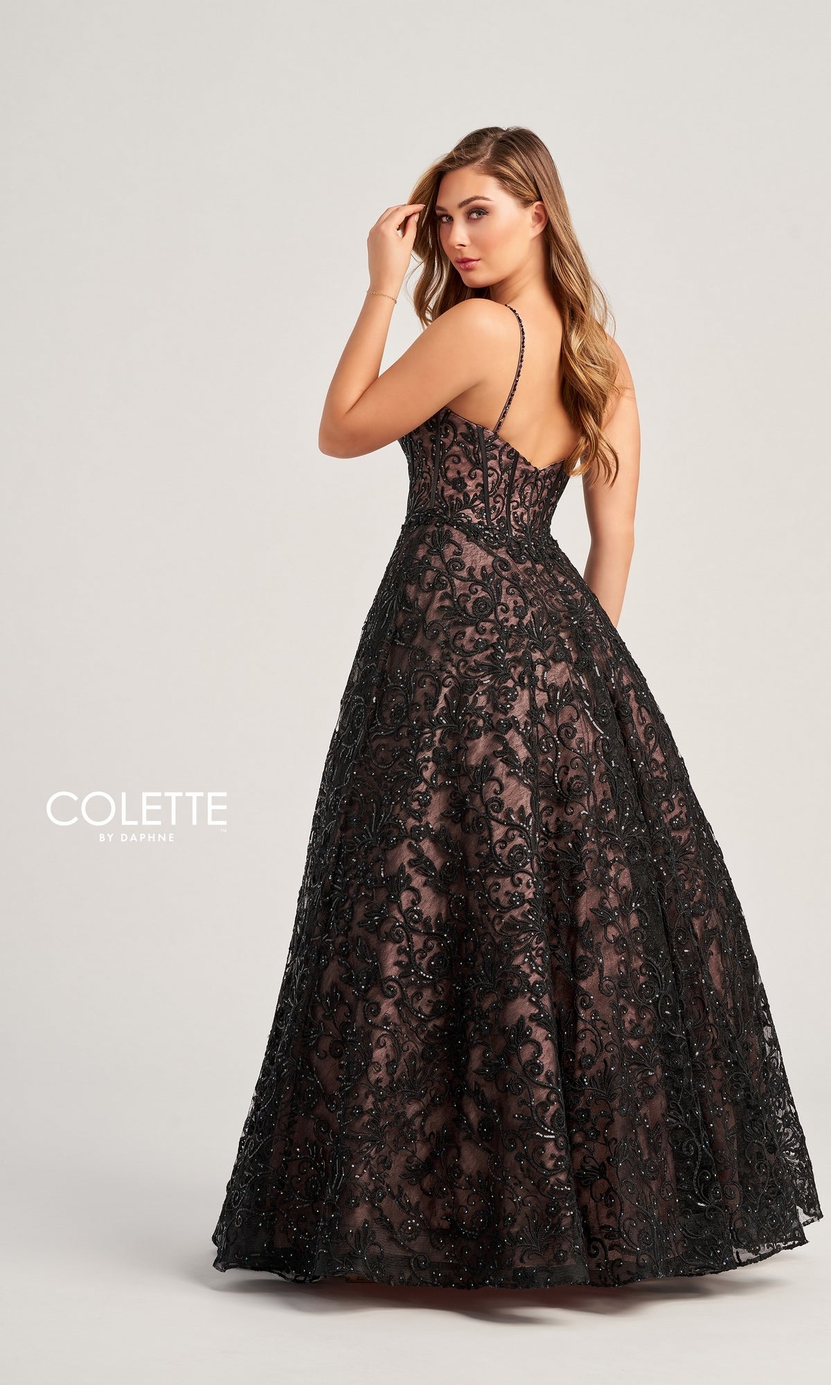 Colette Beaded-Lace Long Black Ball Gown CL5131