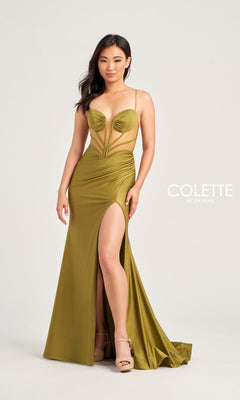 A woman in the Backless Colette Long Designer Prom Dress CL5140, olive green with a sheer bodice, spaghetti straps, and a high slit, pairs it with nude platform heels against a plain background. "Colette by Daphne" appears on the right.