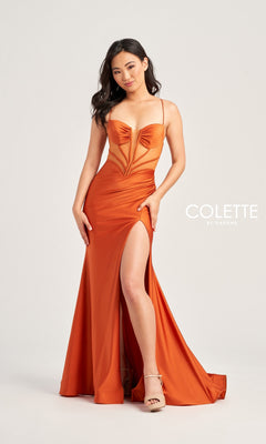 A woman poses in front of a plain background, wearing the Backless Colette Long Designer Prom Dress CL5140—an orange, floor-length gown with spaghetti straps and a thigh-high slit. "COLETTE BY DAPHNE" appears to the right.