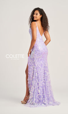 A woman poses against a plain background in the Feather-Sequin Colette Long Prom Dress CL5155, a light purple, floor-length gown featuring sequins, a deep V back, and a high slit.