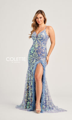 A woman models the Feather-Sequin Colette Long Prom Dress CL5155—fitted, floor-length, with blue and green sequins, a thigh-high slit, and thin straps—against a plain light background.