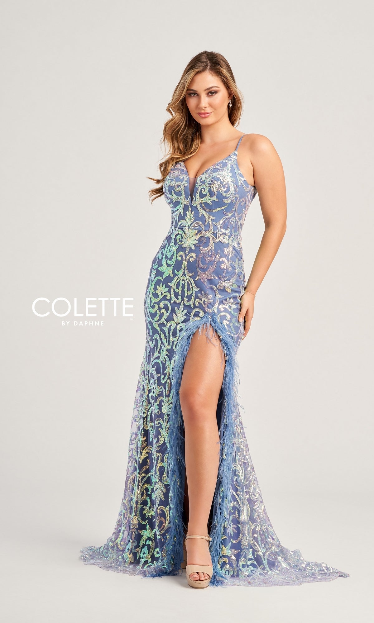 Feather-Sequin Colette Long Prom Dress CL5155