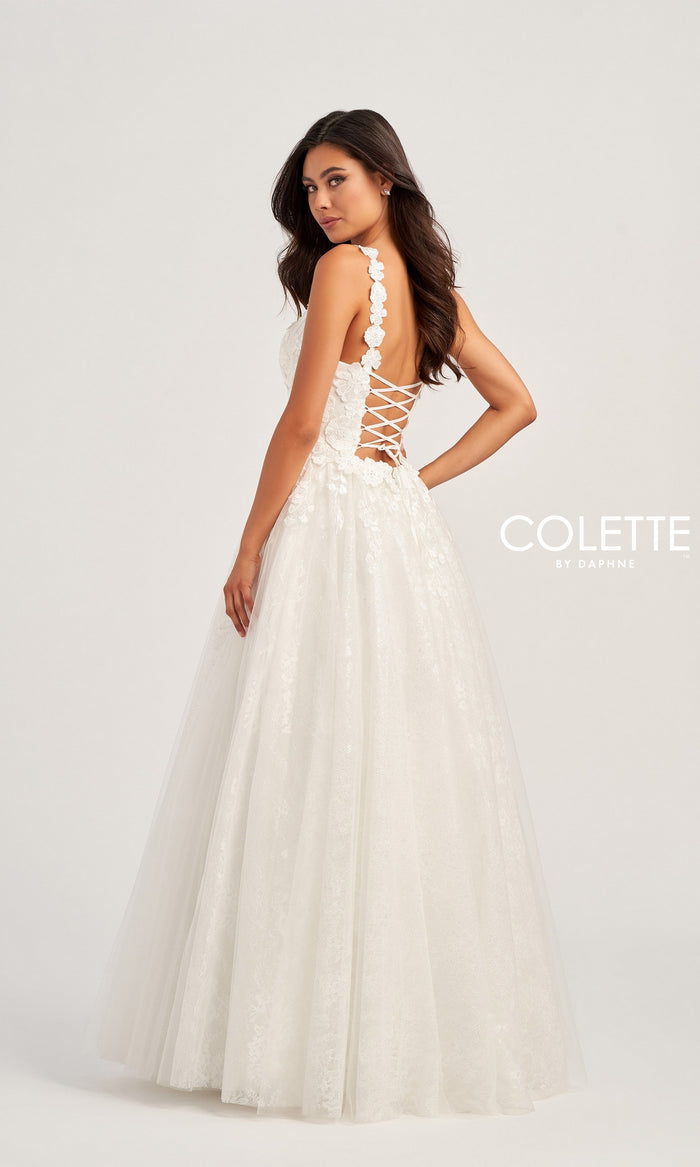 Colette Long White Glitter Lace Ball Gown CL5157